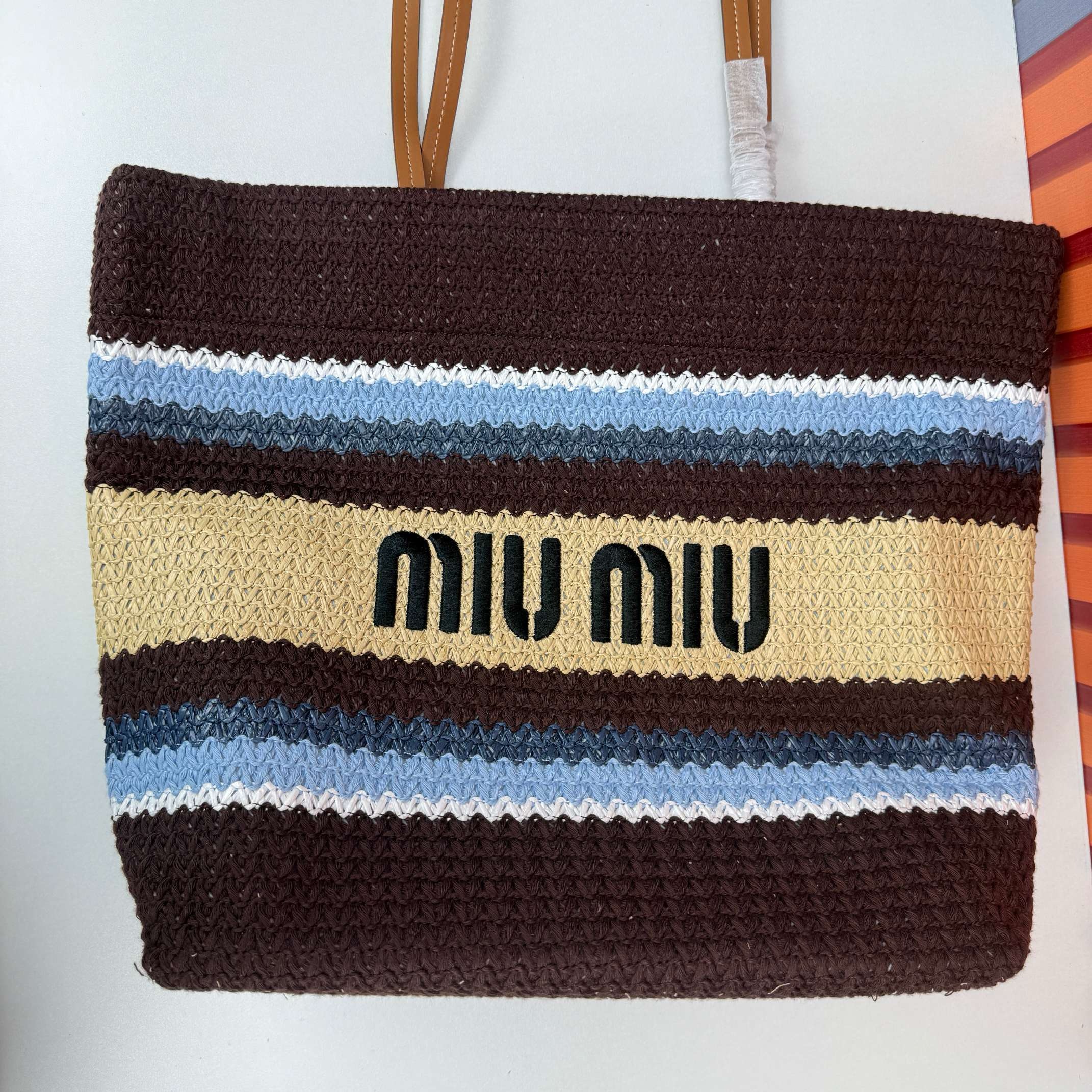 Miu Miu Raffia Effect Crochet Large Woven Tote Cocoa Brown Celeste Natural - Image 6