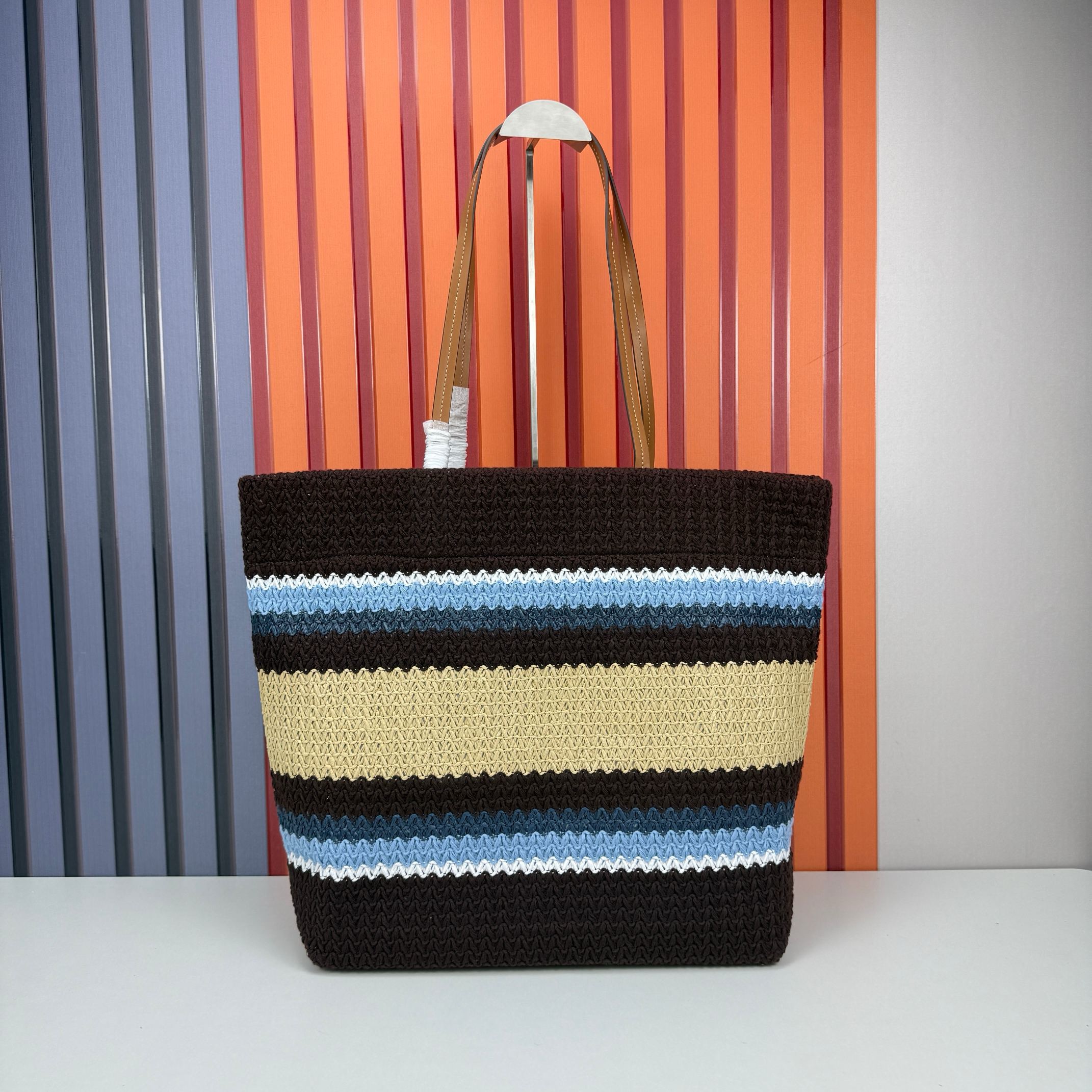Miu Miu Raffia Effect Crochet Large Woven Tote Cocoa Brown Celeste Natural - Image 8