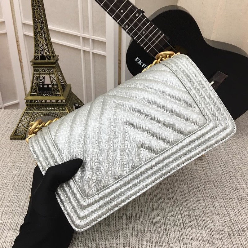 Chanel Medium Boy Bag Silver Chevron Caviar Gold Hardware - Image 2