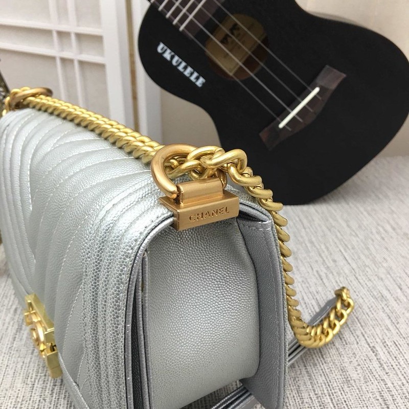 Chanel Medium Boy Bag Silver Chevron Caviar Gold Hardware - Image 3