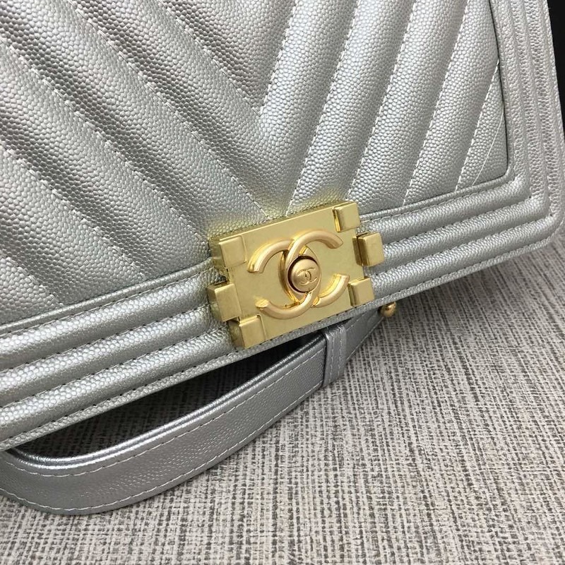 Chanel Medium Boy Bag Silver Chevron Caviar Gold Hardware - Image 6