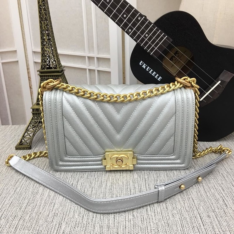 Chanel Medium Boy Bag Silver Chevron Caviar Gold Hardware - Image 8